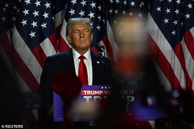 Trump takes the stage after the first results of the 2024 US presidential election at the Palm Beach County Convention Center, in West Palm Beach, Florida