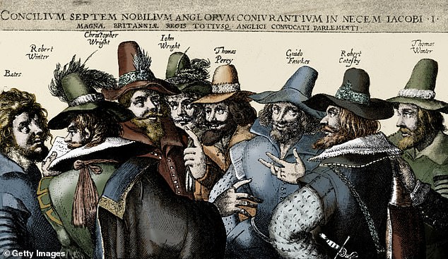 In what became known as the Gunpowder Plot, Catholic conspirators led by Robert Catesby (pictured above with Guy Fawkes and other conspirators) fatefully planned to assassinate James I by blowing up Parliament in 1605.