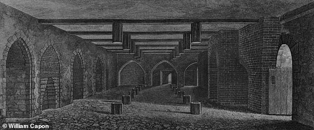 The cellar under the House of Lords, as illustrated in 1799, where Guy Fawkes was found with the gunpowder, was probably no longer in existence. It was described as 77 feet long, 24 feet and 4 inches wide, and 10 feet high