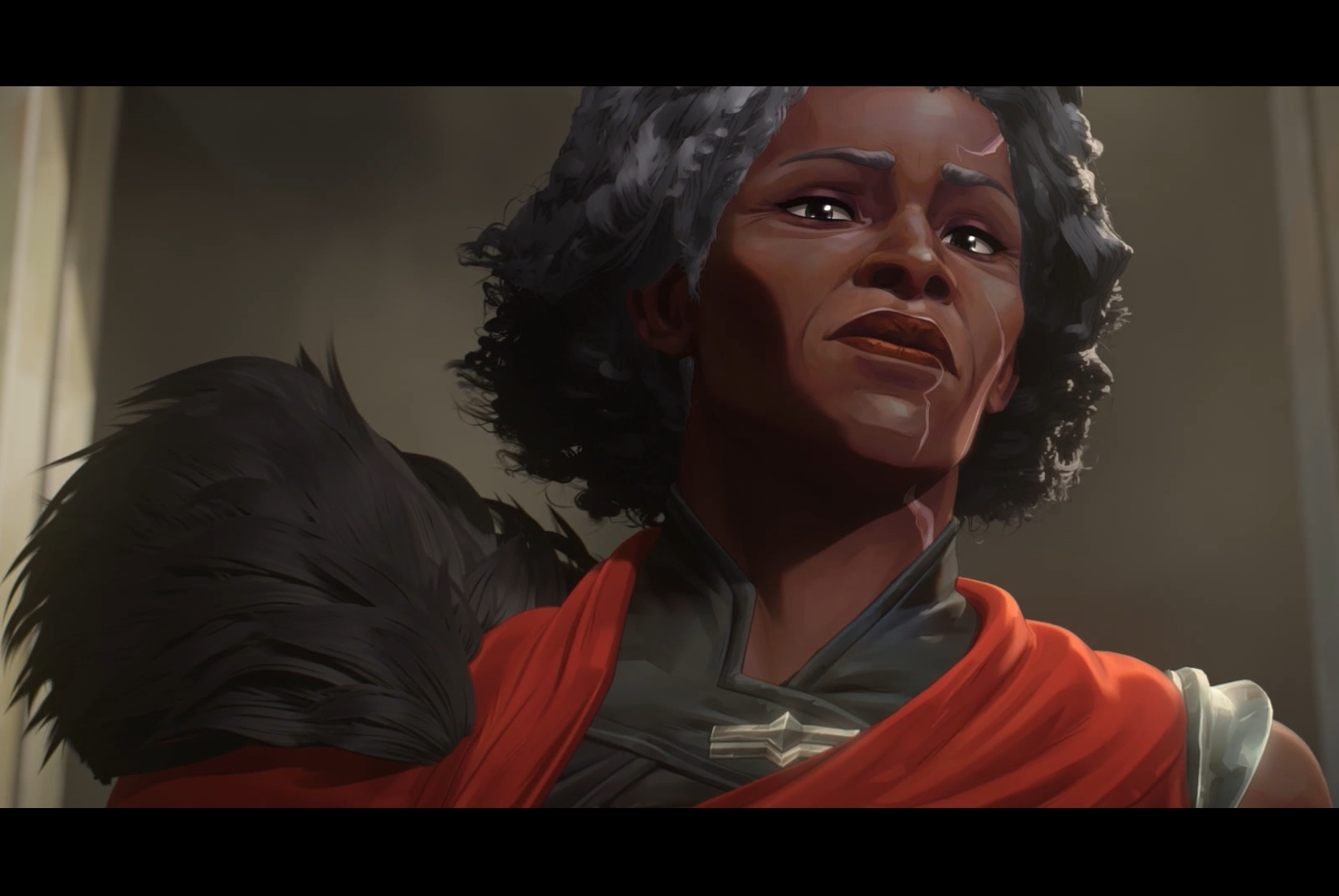 Ambessa Medrada, a character from the Netflix series Arcane. She is an older black woman with dark gray hair, a stern face and a thick fur collar around one shoulder.