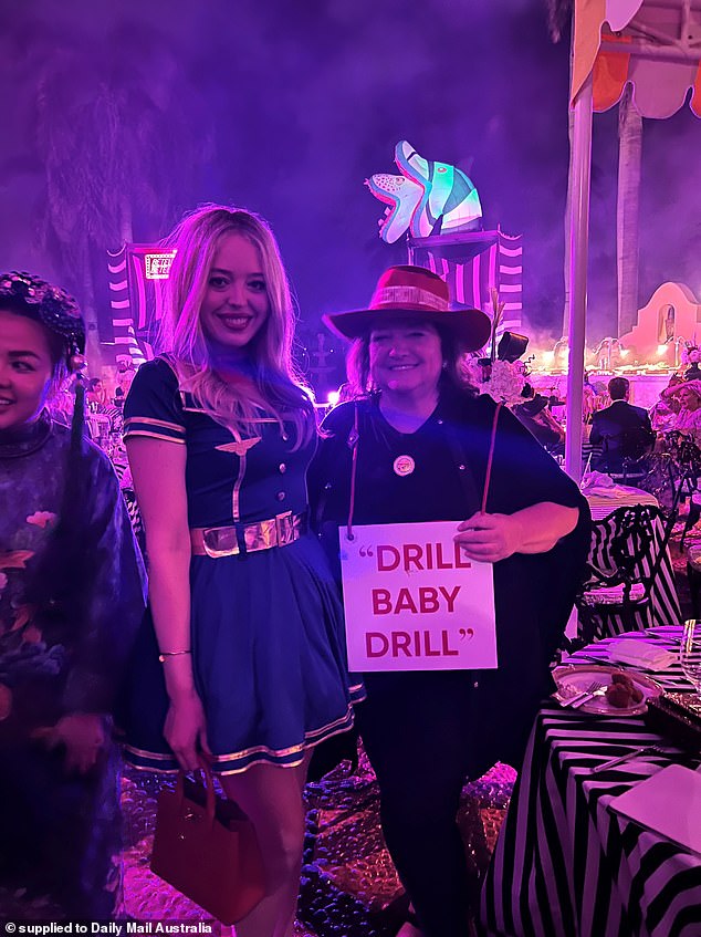 Australia's richest person, Gina Rinehart, proudly unveiled a sign reading 'drill, baby, drill' at Trump's election night party at Mar-a-Lago (pictured)