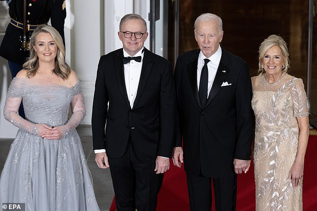 Just over a year ago, Anthony Albanese and his fiancée Jodie Haydon were treated to an extensive three-course meal of pumpkin soup, short ribs and chocolate mousse cake at the state dinner with Joe and Jill Biden at the White House (photo)