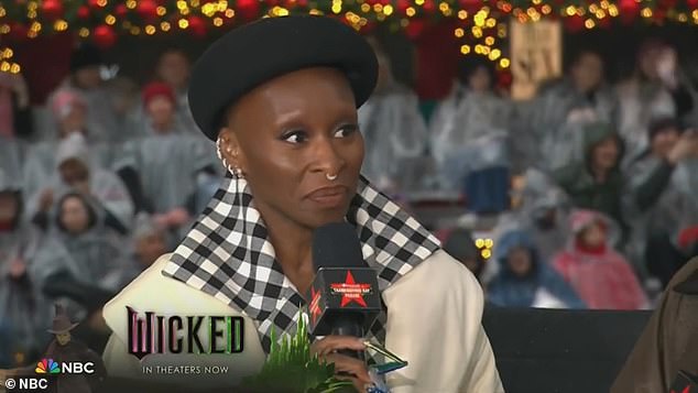 Wicked's Cynthia Erivo wondered if singing should be allowed in movie theaters when she attended the Macy's Thanksgiving Day parade in New York on Thursday.