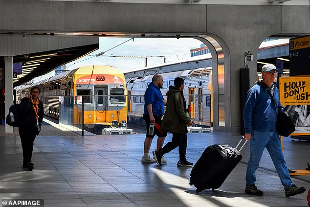 A woman was stabbed in the chest on board a Sydney train at 1.30pm on Saturday and taken to hospital (pictured)