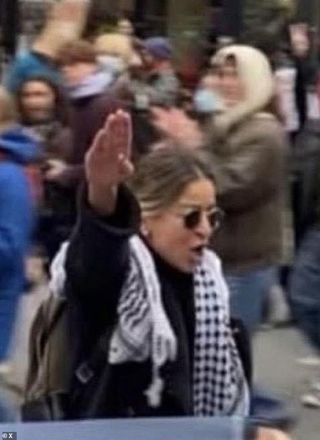 Mallie Mai Abdulhadi, 39, owner of two kosher cafes at Montreal's Jewish General Hospital, was caught on camera giving the Sieg Heil salute to pro-Israel counter-protesters during last Thursday's protest at her alma mater Concordia University