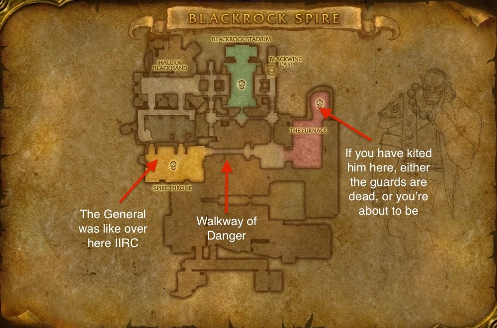 A map of the final level of Upper Black Rock Spire, with annotations to show the location of General Drakkisath (IIRC), the Walkway of Danger, and the location a Hunter was expected to kite the General to.