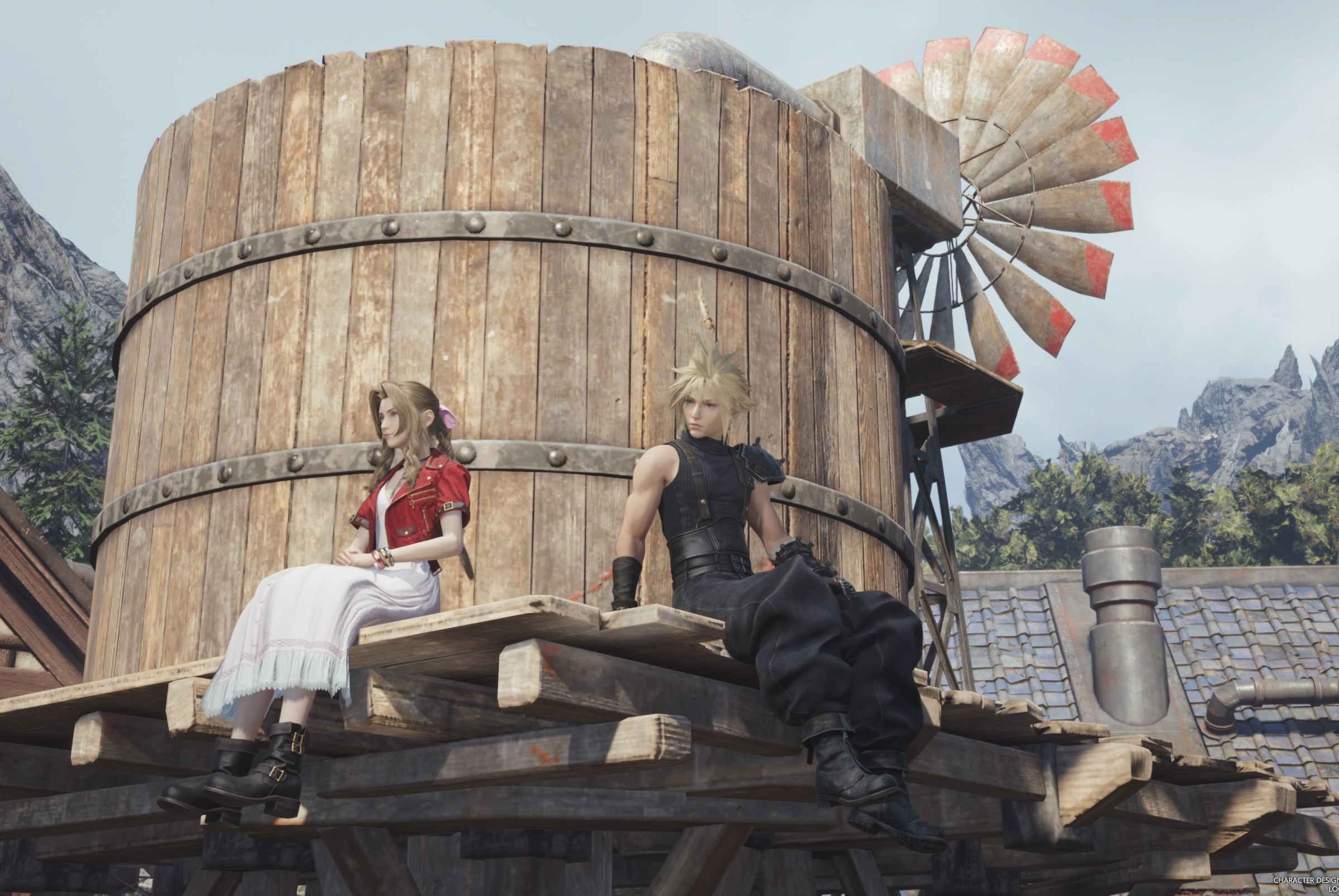 An image of Aerith and Cloud sitting on a water tower in Final Fantasy 7 Rebirth. 