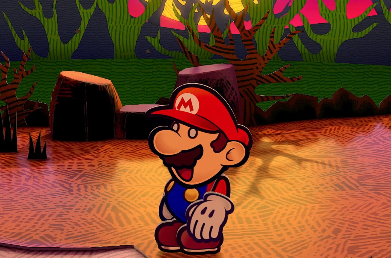 A screenshot from Paper Mario: The Thousand-Year Door showing Mario with a surprised look on his face, his mouth open