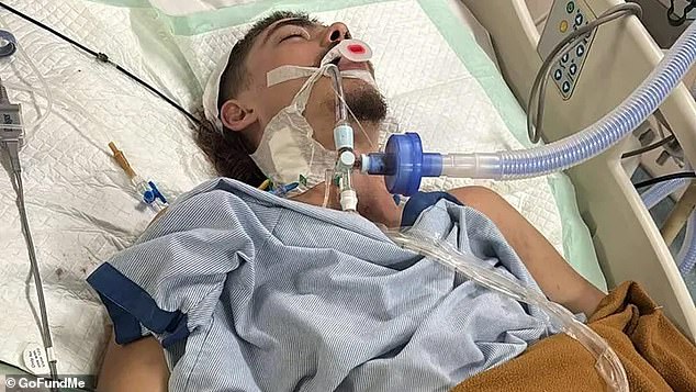 Dylan is currently on a ventilator and needs critical surgery to remove a large blood clot after a horror motorcycle accident in Bali (he is pictured in hospital)