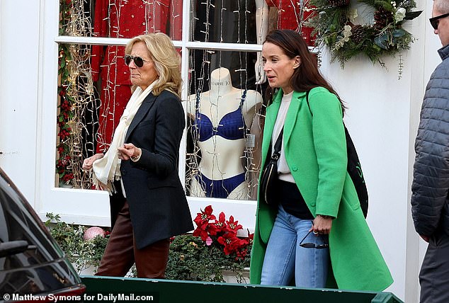 First Lady, Jill Biden goes shopping at 'Ladybird Lingerie' on Nantucket with daughter Ashley in tow. Dr. Jill and Ashley spent just under two hours perusing a variety of stores before returning to their Thanksgiving vacation home