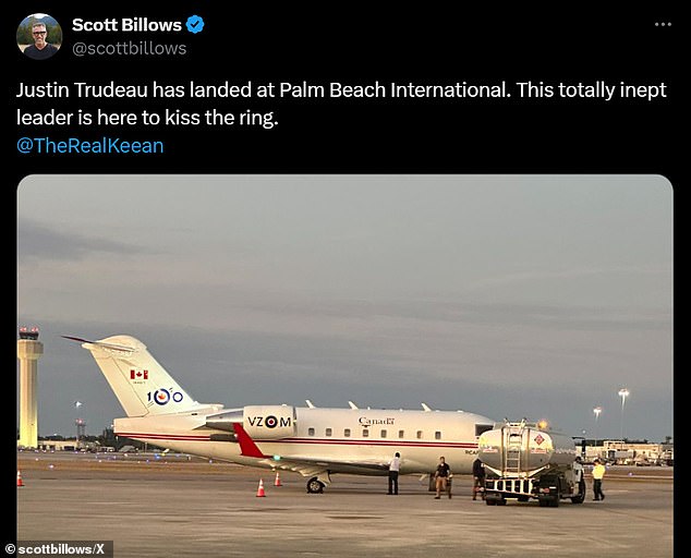 A photo of Canadian Prime Minister Justin Trudeau's plane on the tarmac Friday evening at Palm Beach International Airport in West Palm Beach, Florida - a short drive from Mar-a-Lago