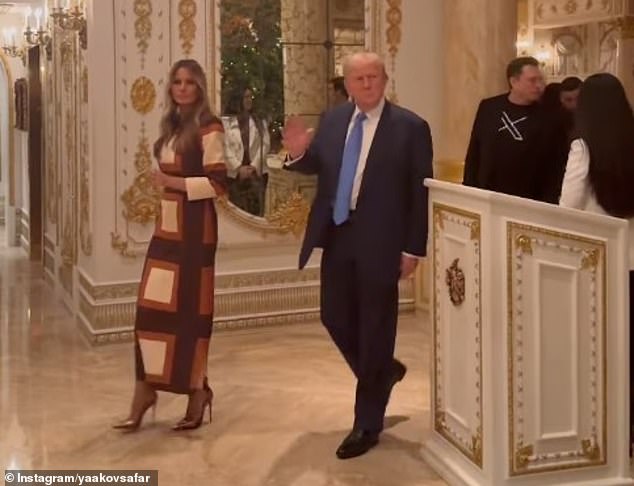 President-elect Donald Trump (center) seen with Melania Trump (left) and followed by Elon Musk (right) on Thanksgiving at his Mar-a-Lago club in Palm Beach, Florida