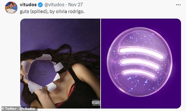 The purple, water-like logo is a reference to Billie Eilish's Hit Me Hard and Soft, and the purple sparkly logo is a reference to Guts (Spilled) by Olivia Rodridgo