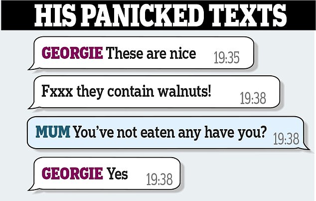 Louise Cadman, 56, has revealed the frantic messages she exchanged with her allergic son