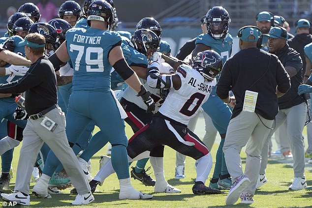 Players from the Texans and Jaguars got into an argument after Lawrence was hit by Al-Shaair in the game