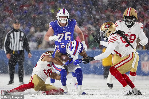 Khalil Shakir is tackled to the ground by 49ers' Matthew Wright in the first quarter