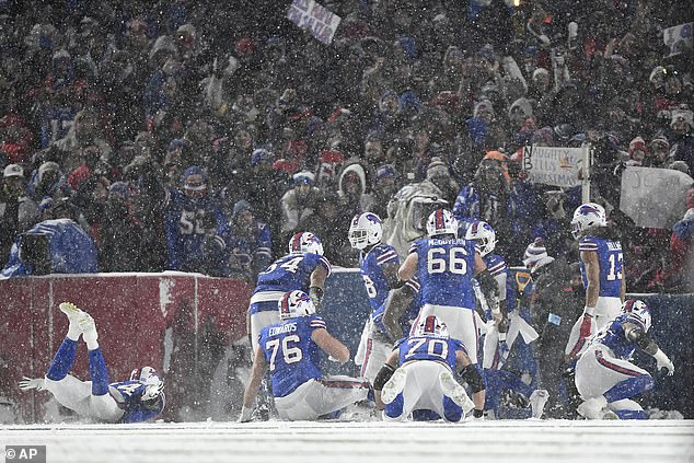 The Bills players had some fun in the snow after James Cook scored the team's second TD