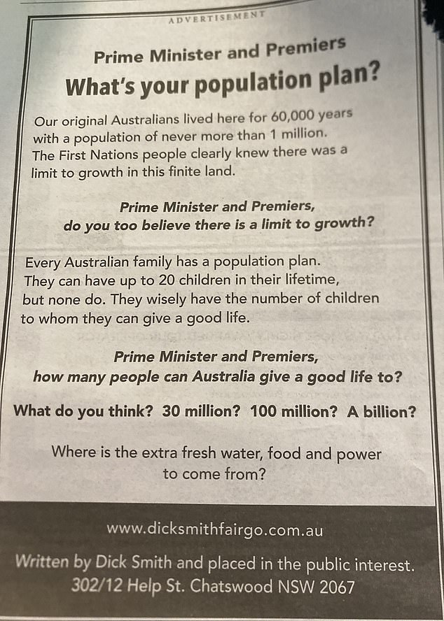 The entrepreneur published an advertisement in The Daily Telegraph warning of the consequences of high immigration