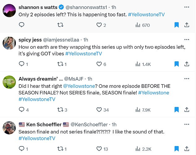 @shannonswatts1 said: “Only two episodes left? This is happening too quickly. #YellowstoneTV.”