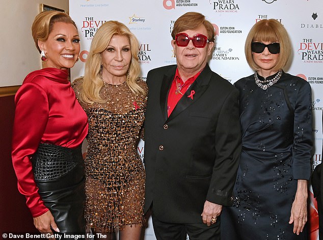 Vanessa is pictured with Donatella Versace, Elton John and Anna Wintour at Sunday's gala evening