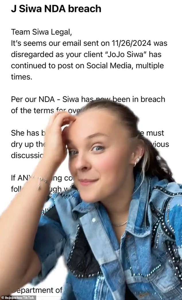 The American dancer and pop star posted on TikTok on Monday a screenshot of an email from a company claiming she had violated her non-disclosure agreement.