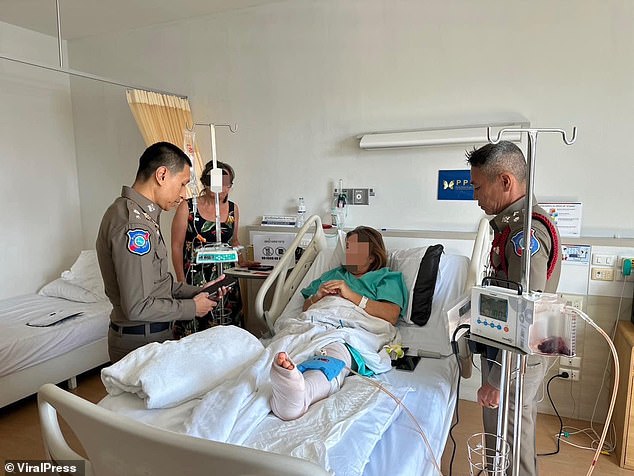 The tourist, 57-year-old Elke Maier, is pictured at the hospital where she was treated for her leg injury