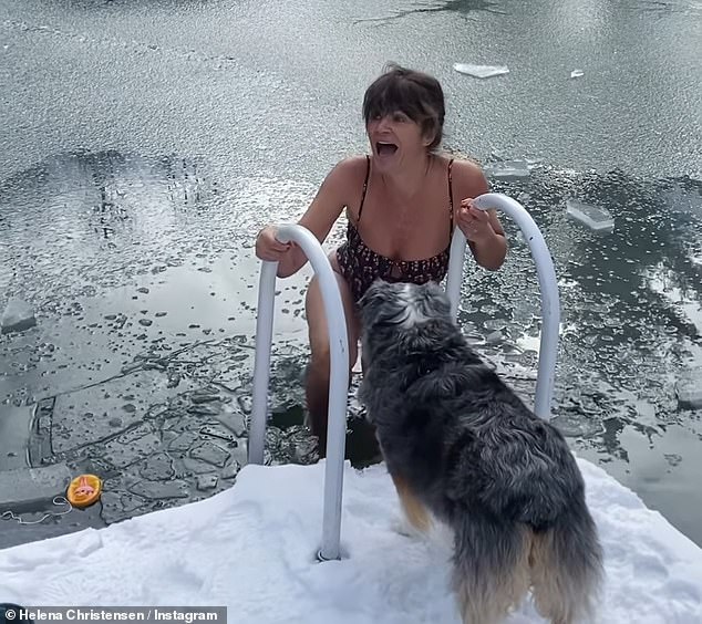 The Danish model, 55, posted on her Instagram a video of herself throwing herself into an icy pond in a brown swimsuit