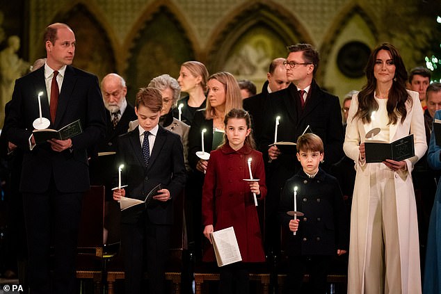 The Prince of Wales, Prince George, Princess Charlotte, Prince Louis and the Princess of Wales at the Royal Carols - Together At Christmas service at Westminster Abbey last year