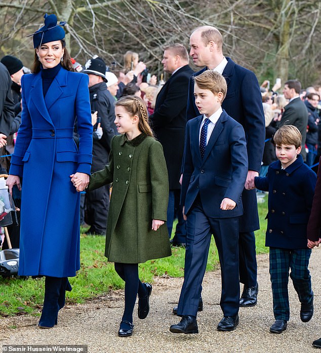 Catherine, Princess of Wales, Princess Charlotte of Wales, Prince George of Wales, Prince William, Prince of Wales and Prince Louis of Wales attend the Christmas morning service at Sandringham Church on December 25, 2023 in Sandringham, Norfolk