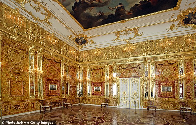 A recreation of the Amber Room pictured in the Catherine Palace in Russia in 2008