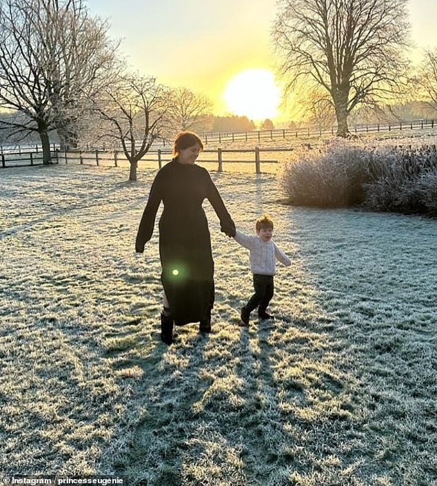 The royal sisters have children of similar ages: Eugenie has August, three, and Ernest, one, with her husband Jack Brooksbank , while Beatrice is mother to Sienna Elizabeth, three, and stepson Wolfie, eight. Eugenie and August are pictured