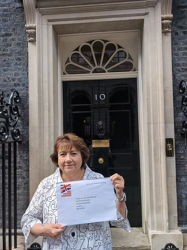 Edwina Melville-Gray outside 10 Downing Street during her final retirement campaign