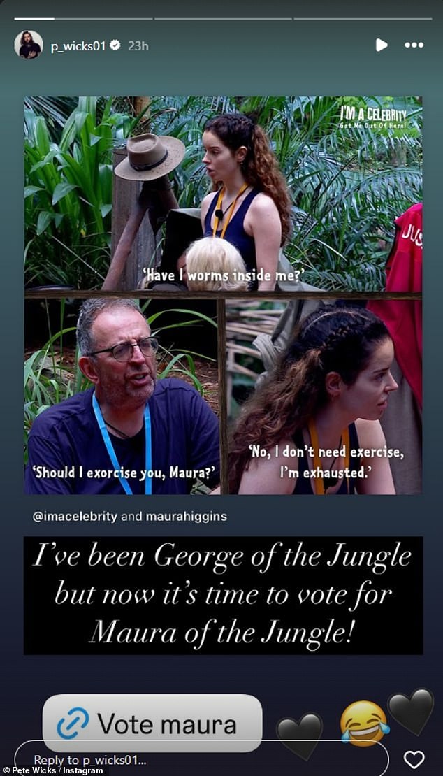 Pete reposted a funny meme of Maura on the ITV show and captioned the post with: 'I've been George of the Jungle but now it's time to vote for Maura of the Jungle'