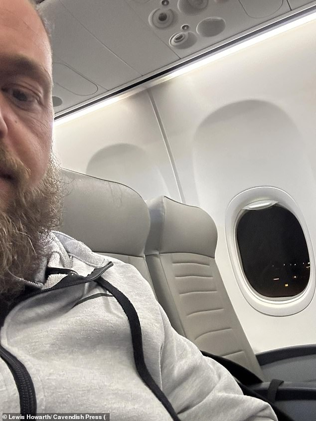 Lewis Howarth staggered through the aisles before hurling verbal abuse at a flight attendant. As armed police then tried to carry him off the plane, the 36-year-old was heard shouting: 'I'll bite you, you c***'. Pictured: Howarth on another flight, just a day after his drunken outburst