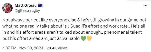 Wallabies legend Matt Giteau praised Sua'ali'i on social media, claiming his effort and work rate were excellent