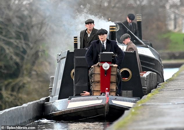 Principal photography on the Birmingham-based drama moved to North East Wales on Sunday, with Murphy dressed as infamous gangland figurehead Shelby while filming on a tour boat