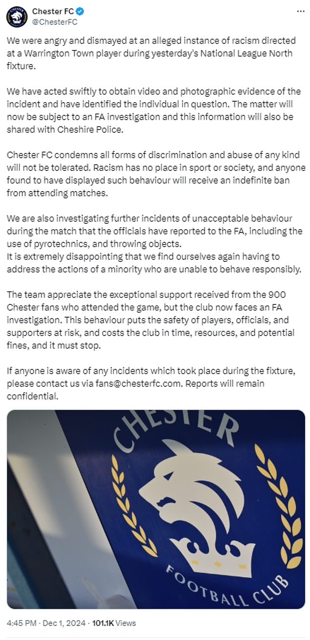 Chester FC's first tweet yesterday about the incident of alleged racism