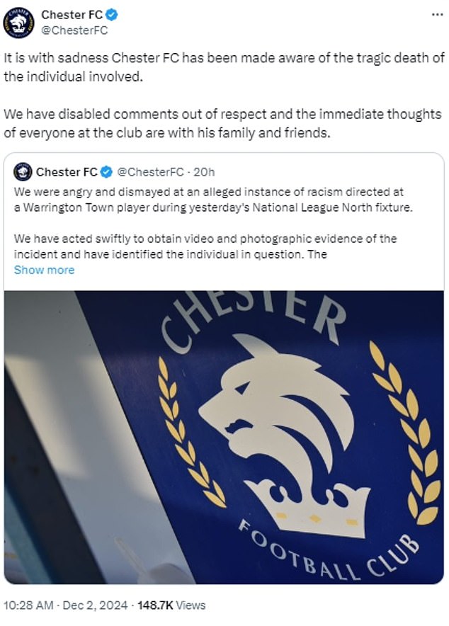 A new tweet from Chester FC this morning confirmed that the fan had died