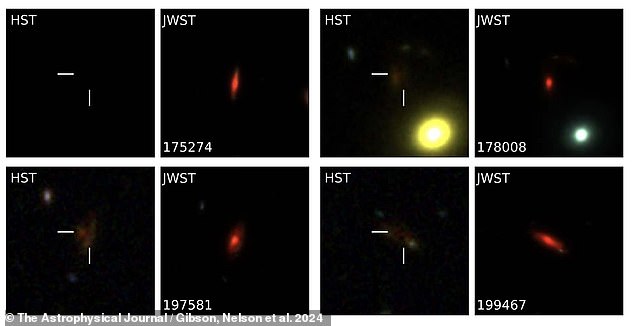 Researchers have identified a total of 56 UFO galaxies – most likely hidden by dust and debris clouds that mask the light from their inner galaxies. Above are four more examples of infrared-emitting UFO galaxies that were hidden from Hubble (HST) but visible to James Webb (JWST)