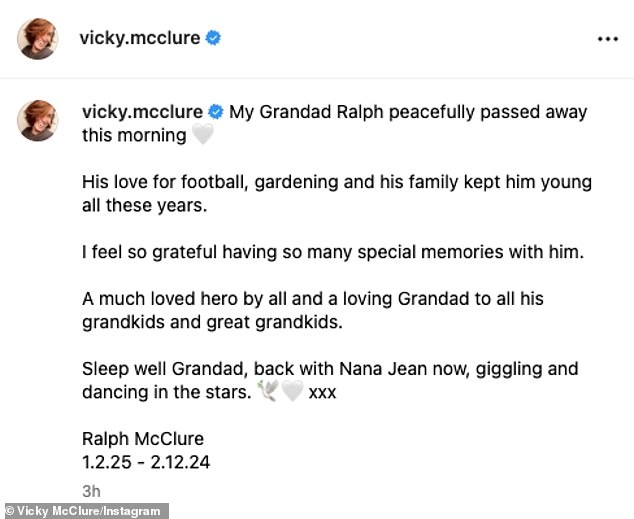 She wrote: 'My Grandpa Ralph passed away peacefully this morning. His love for football, gardening and his family kept him young all these years.'