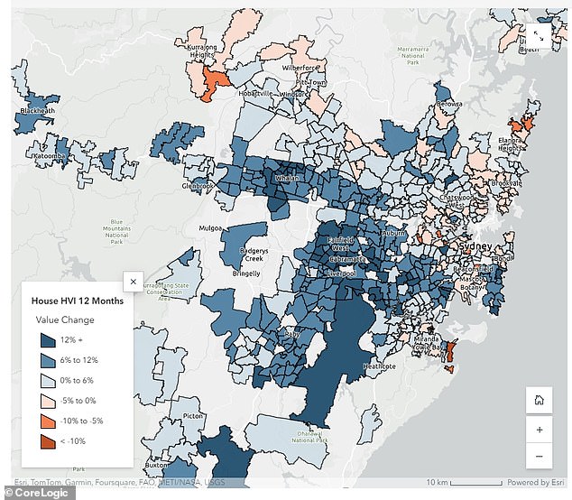 The decline is well and truly underway in Sydney's wealthier postcode areas, with mid-year house prices down double digits over the past year, a closer look at CoreLogic data showed