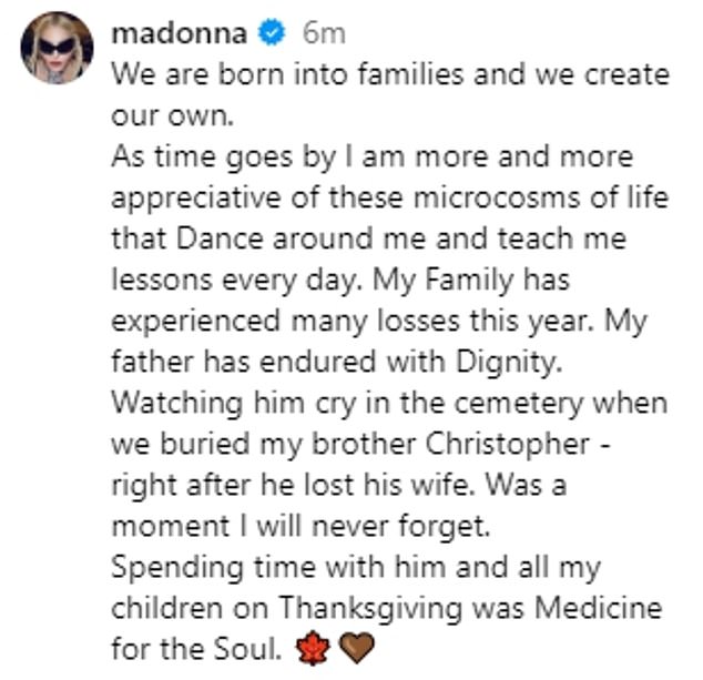 The Thanksgiving post was revealed on Monday via her official Instagram account, featuring a heartbreaking post about her late brother Christopher Ciccone.