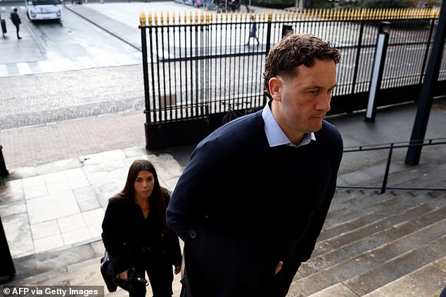 New Zealand rugby player Rory Grice (R), accused of gang rape, arrives for his trial at the Bordeaux courthouse, south-west Bordeaux, on December 2, 2024.