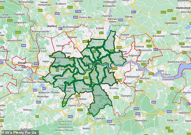 This map from campaign organization 20's Plenty For Us shows local authorities across London in green shades at 20mph