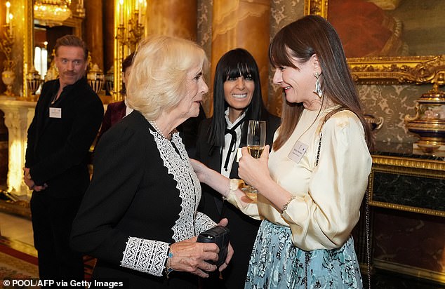 Queen Camilla met British actor Emily Mortimer at a reception honoring those working in the TV and film industries at Buckingham Palace on November 13, 2024.