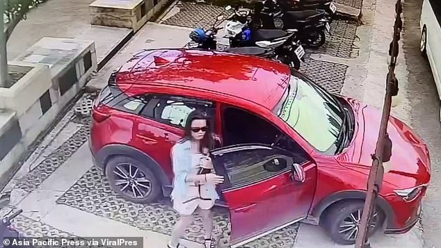 Kamilla was seen arriving in a red car with her mat before heading to the rocks