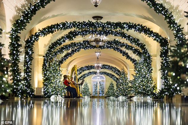 Other aspects of the White House Christmas decor were more traditional, with twinkling lights, trees and streamers lining the hallways