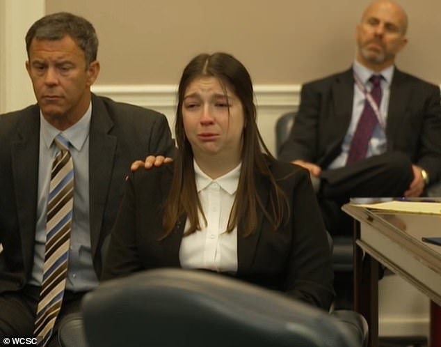 The fatal accident occurred when Jamie Lee Komoroski (pictured in court on Monday), traveling at 65 mph and with a blood alcohol content three times the legal limit, crashed into the golf cart carrying Miller, Hutchinson and two of his relatives.