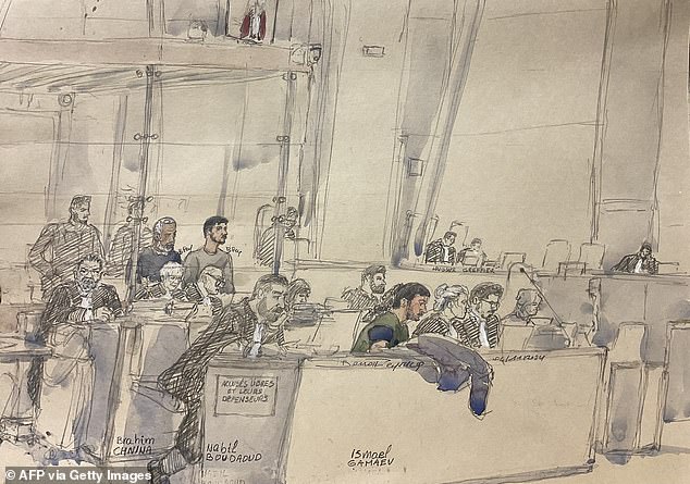 This court sketch, created and published on November 4, 2024, shows (L-R) defendants Brahim Chnina, Nabil Boudaoud and Ismael Gamaev seated during the trial