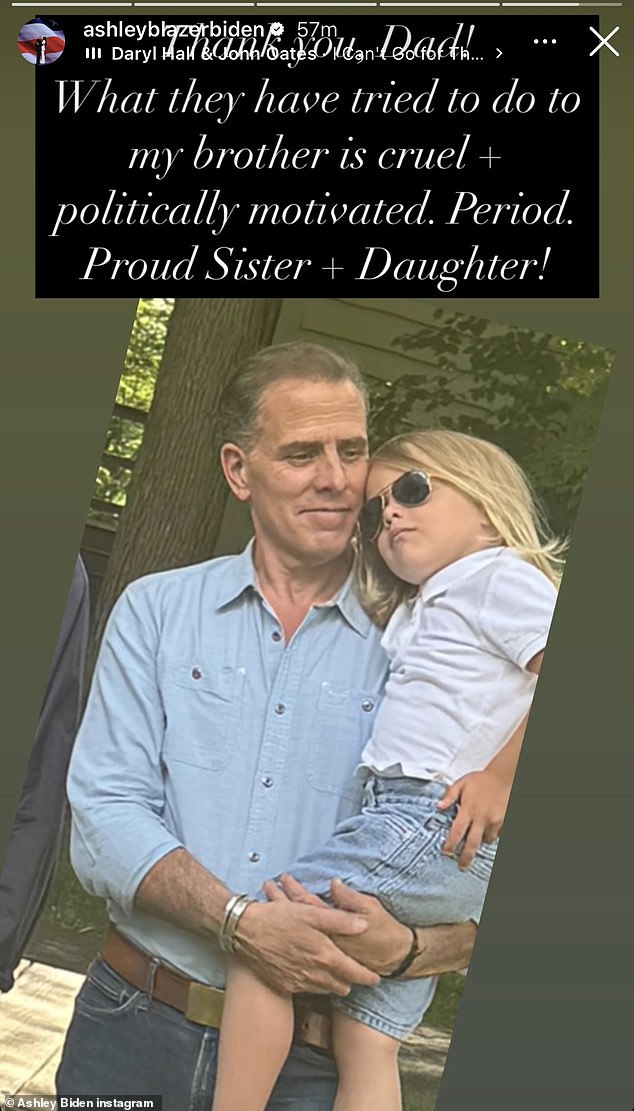 Ashley Biden posted a thank you message to her father on her Instagram Story after President Biden announced Hunter's pardon